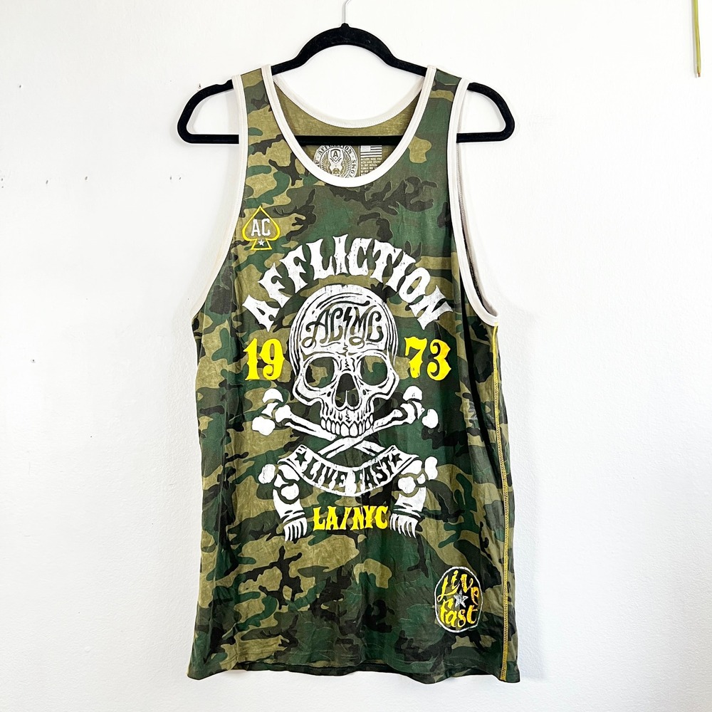 Affliction Shirt Mens Medium Skull Tank Top Muscle Tee Camo Gothic Biker Y2K
